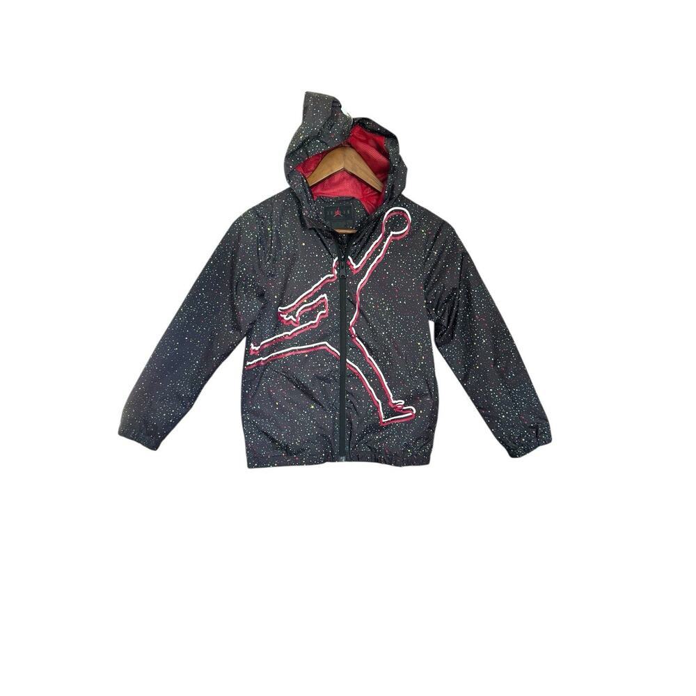 Jordan Kids Hooded Windbreaker Jacket Galaxy Print Jumpman‎ Size 8-10 Black